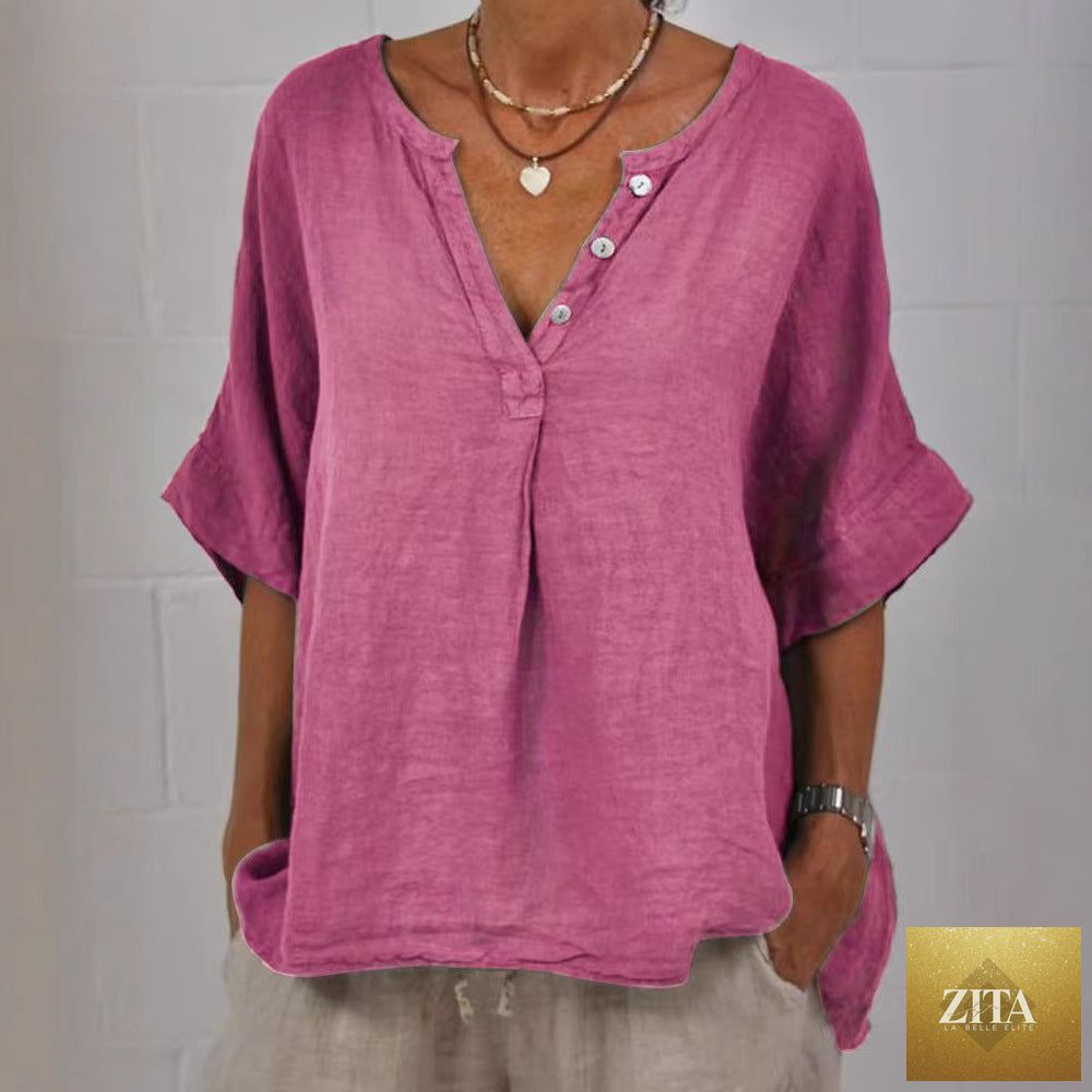 Women's cotton linen V-neck button-up casual shirt by Zita La Belle Elite, featuring a relaxed fit and stylish design.