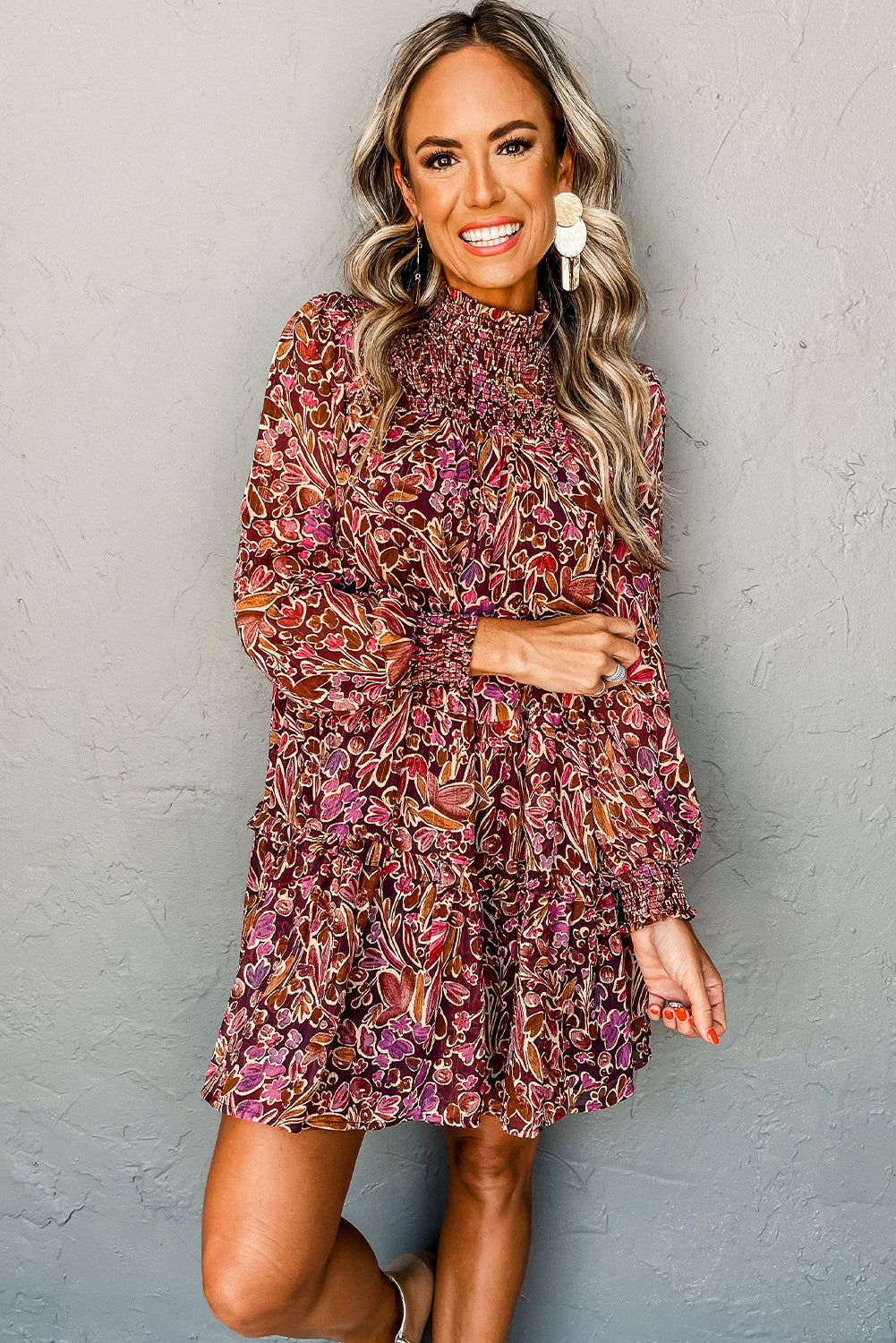 Red floral print long sleeve mini dress with shirred high neckline and loose fit, designed by Wild and Free Boutique.