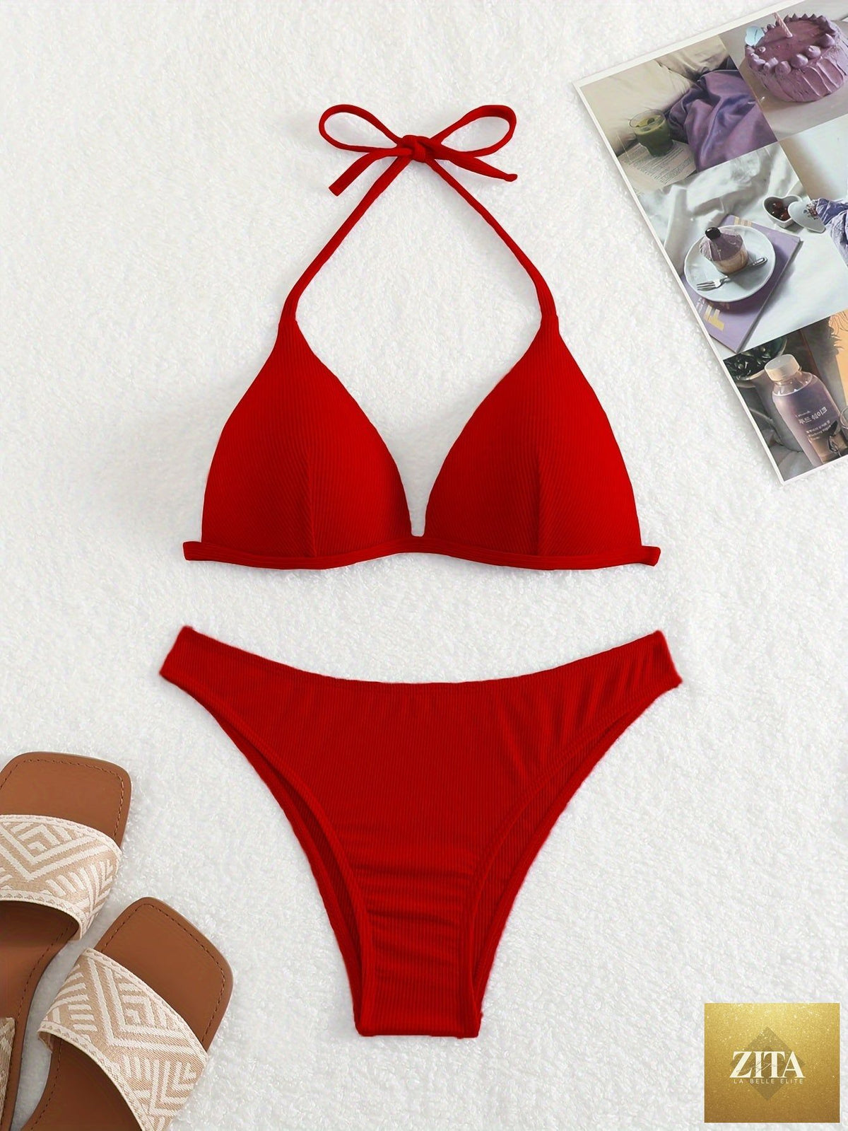 Stevvex bikini set with rib knit solid color triangle top, adjustable tie back halter, and spaghetti straps for summer beachwear.