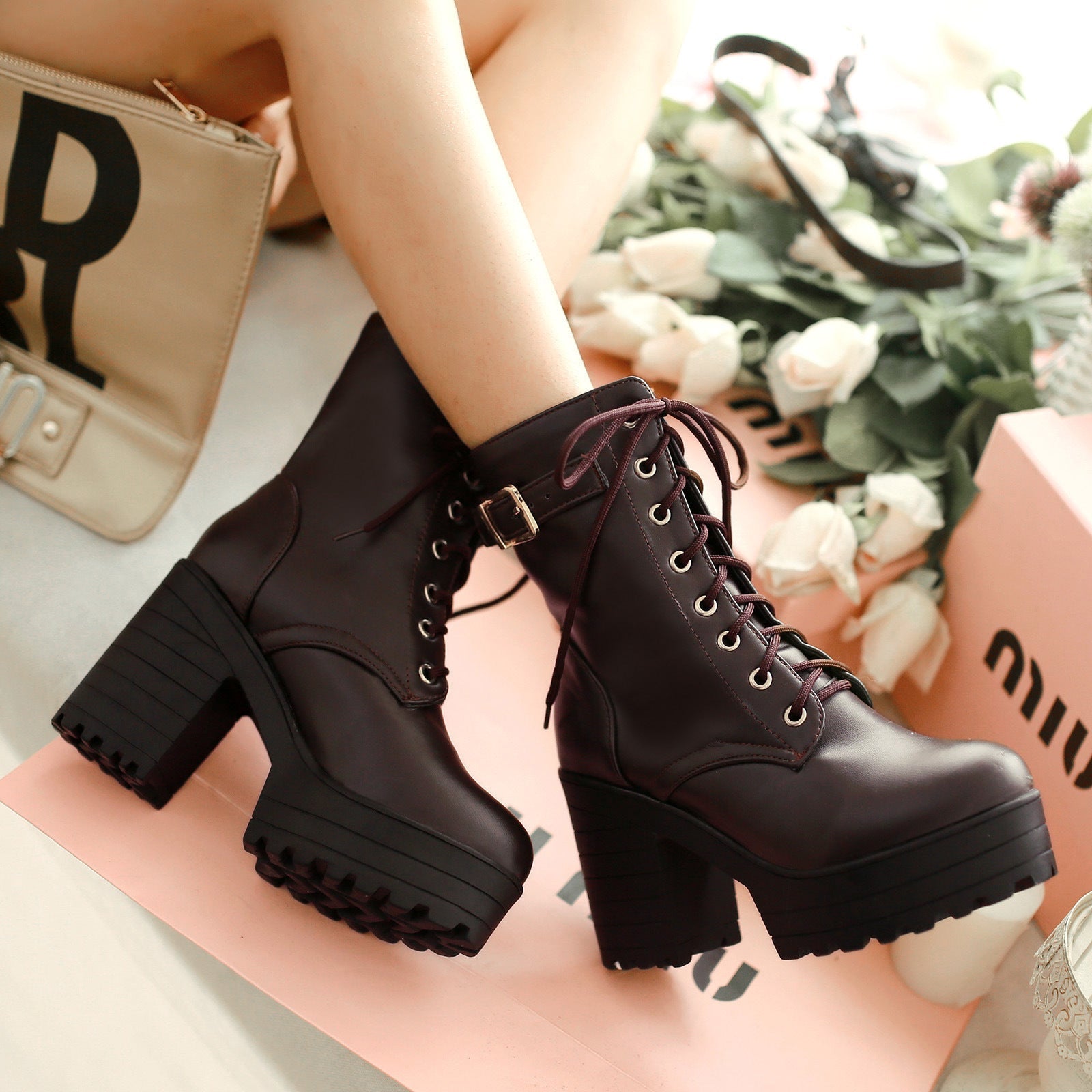 Women’s chunky heel PU Martin boots by FitiqueFit, featuring large size high heel footwear with stylish black leather appearance.