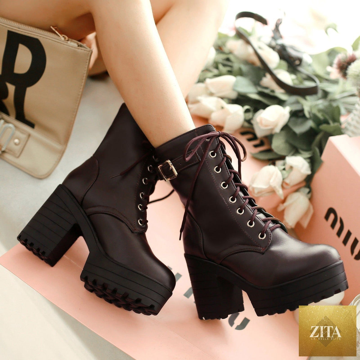 Women’s chunky heel PU Martin boots by Zita La Belle Elite, featuring large size high heels and stylish black footwear.