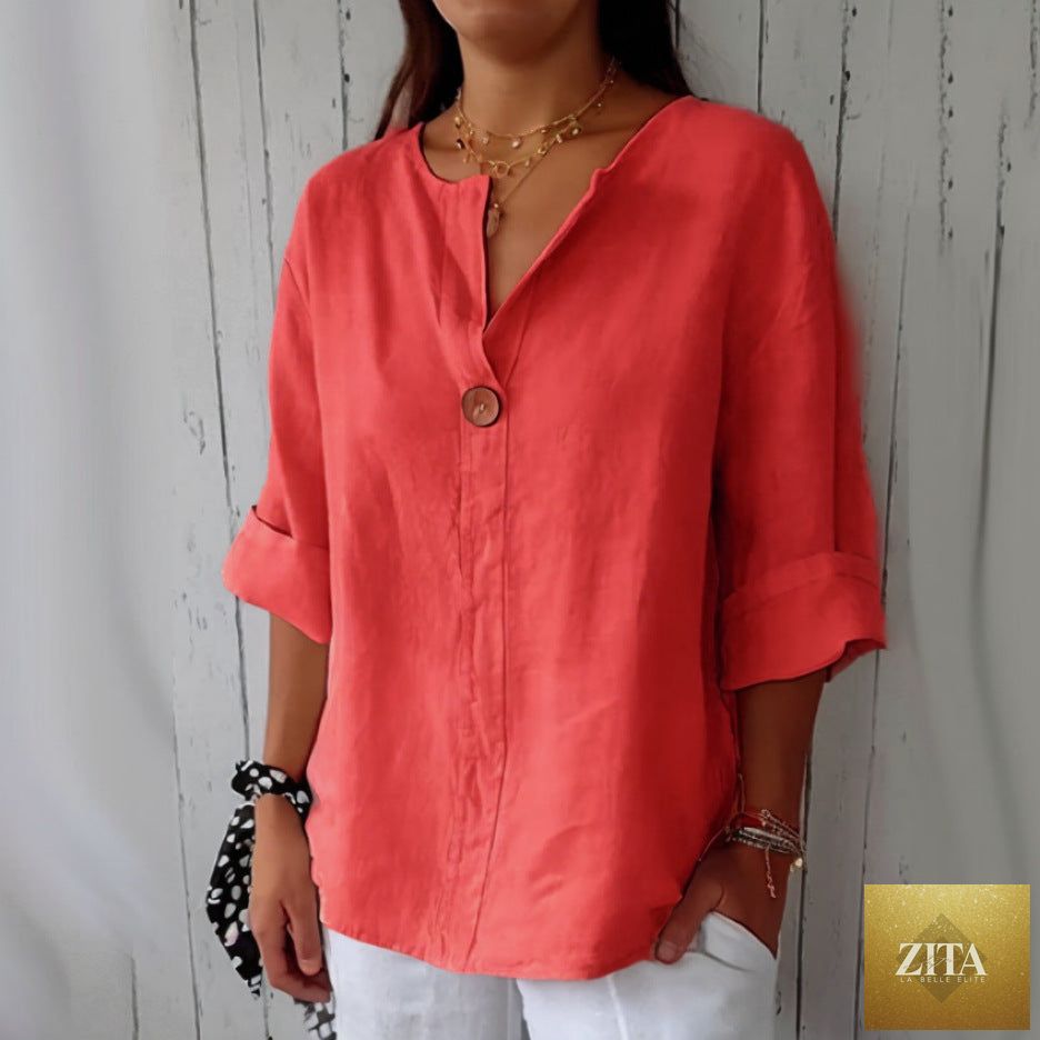 Zita La Belle Elite women's V-neck long-sleeve button top in loose fit casual blouse style, shown on a model.