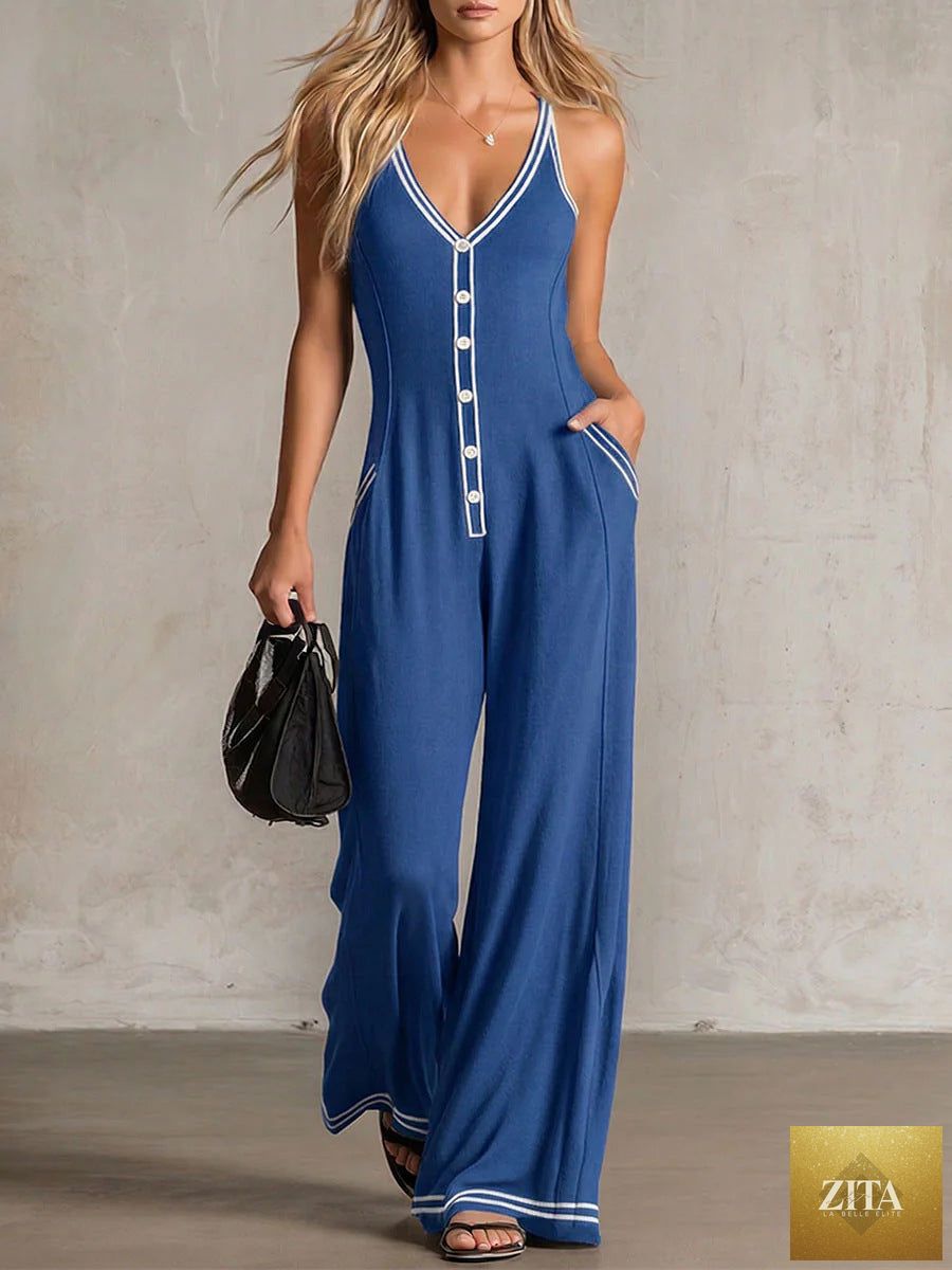 Women's V-neck backless wide-leg jumpsuit by Zita La Belle Elite, high waist casual wear, shown in a stylish, flowing design.