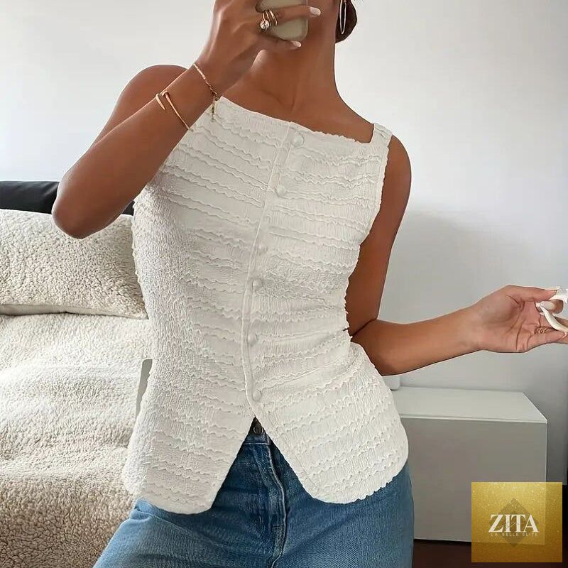 Zita La Belle Elite square neck button-up vest top, trendy Y2K going-out tank, casualwear in black with sleeveless design.