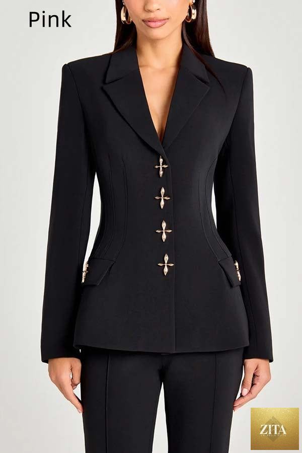 Women's solid-color long-sleeve blazer by FitiqueFit featuring metallic zipper detail, casualwear style, and tailored fit.