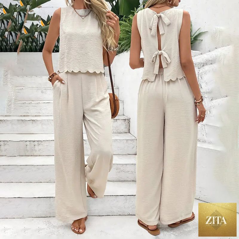 Elegant FitiqueFit 2-piece matching casualwear set with sleeveless crop top and wide-leg pants, perfect for stylish everyday wear.