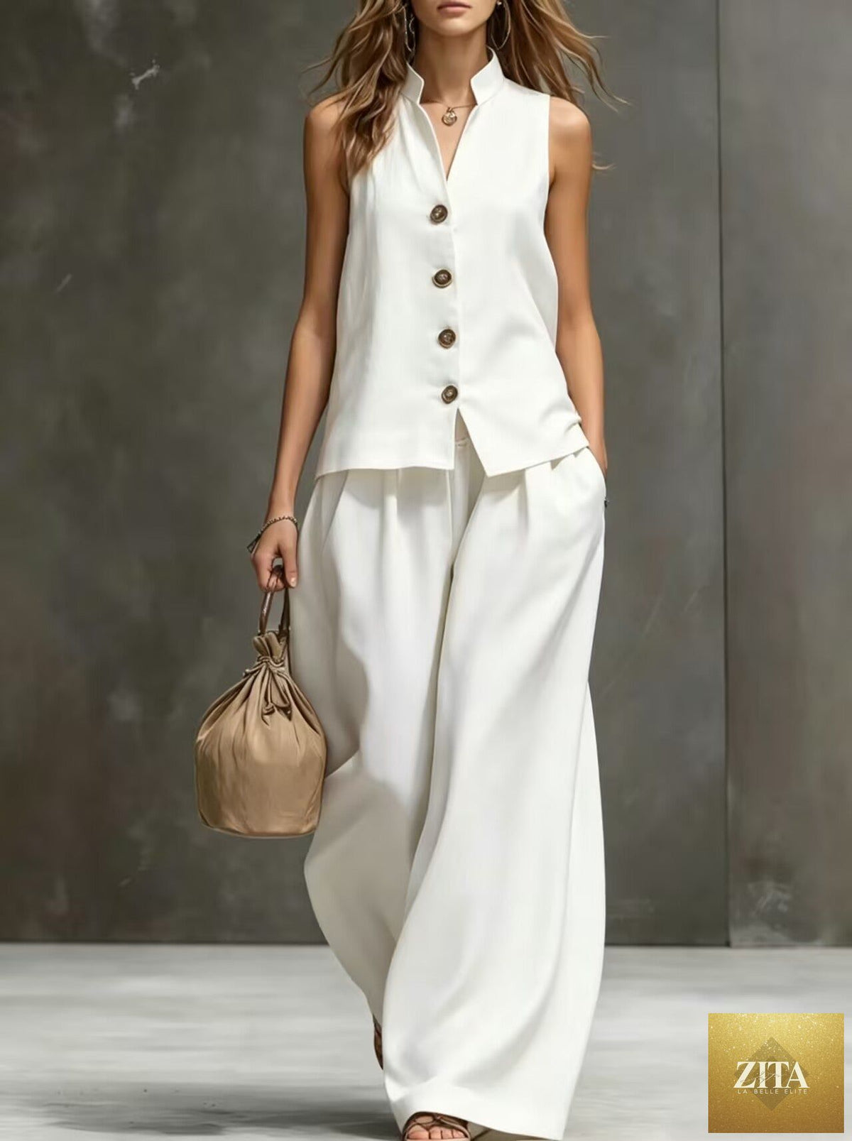 Women's sleeveless vest and wide-leg pants two-piece set by Zita La Belle Elite, made of cotton linen, styled for casual wear.