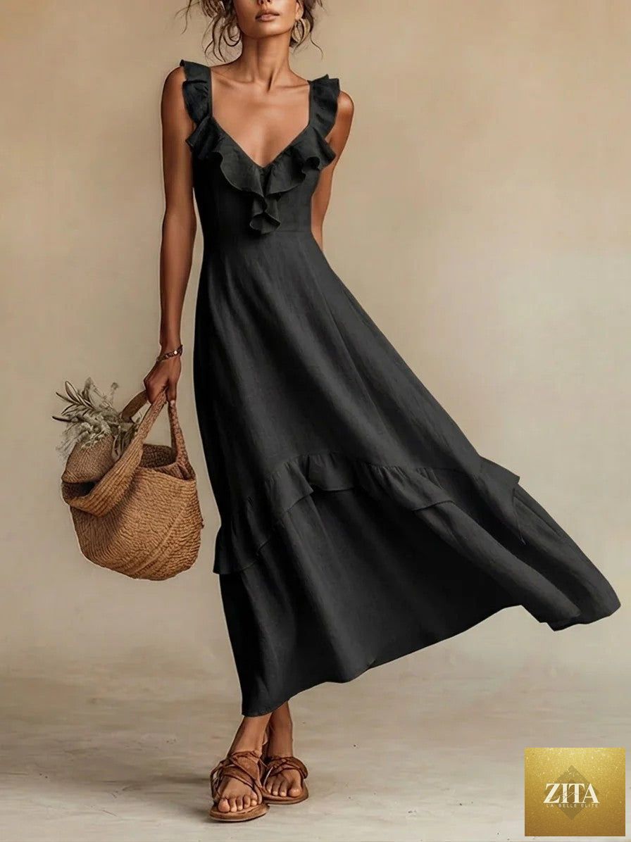 FitiqueFit sleeveless ruffle high-waist maxi dress in casualwear style, available in 7 colors, size S–3XL.