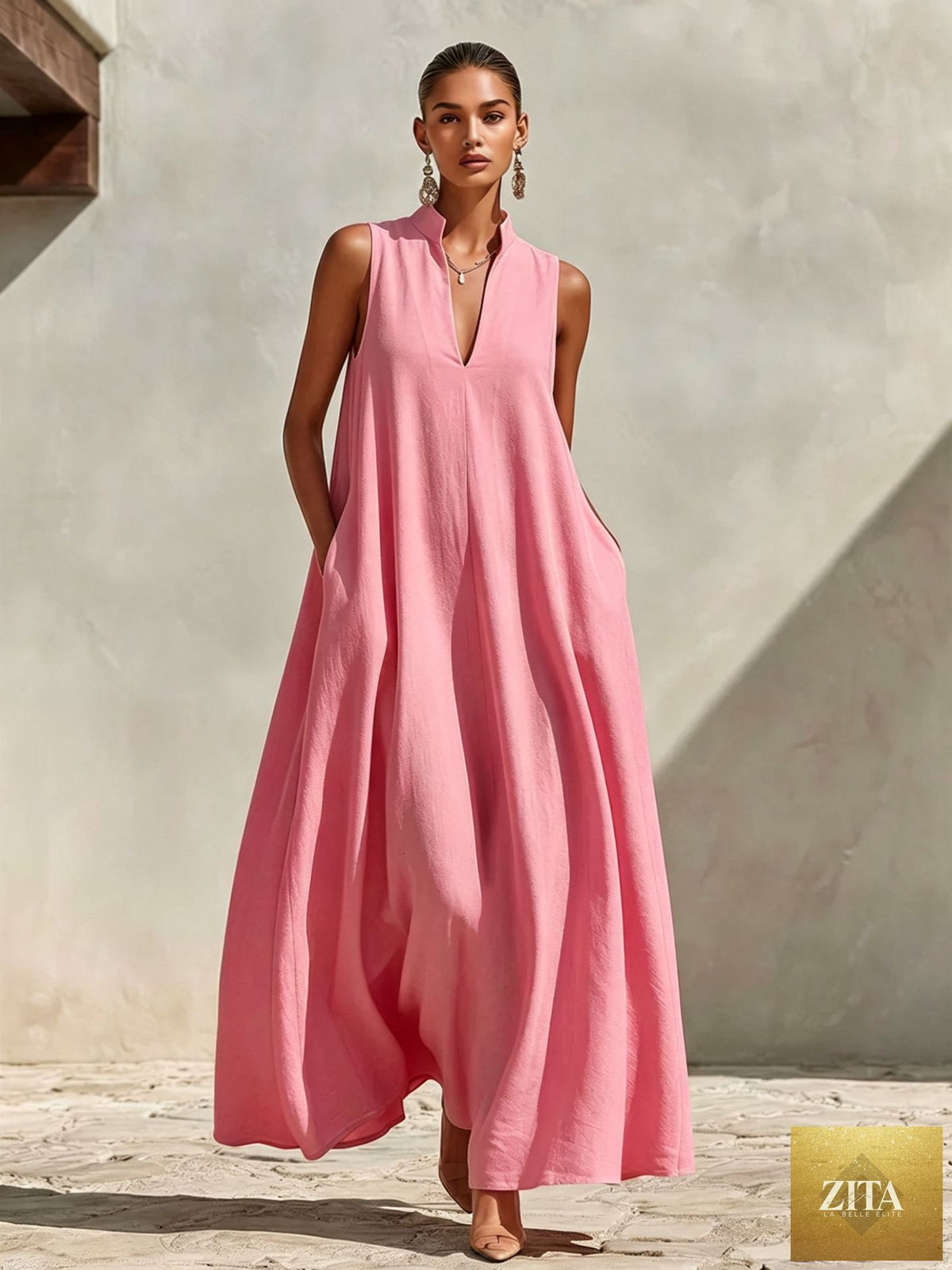 Linen blend sleeveless stand-collar maxi dress by FitiqueFit in five colors, shown in a flowing, sleeveless design with a stand collar.
