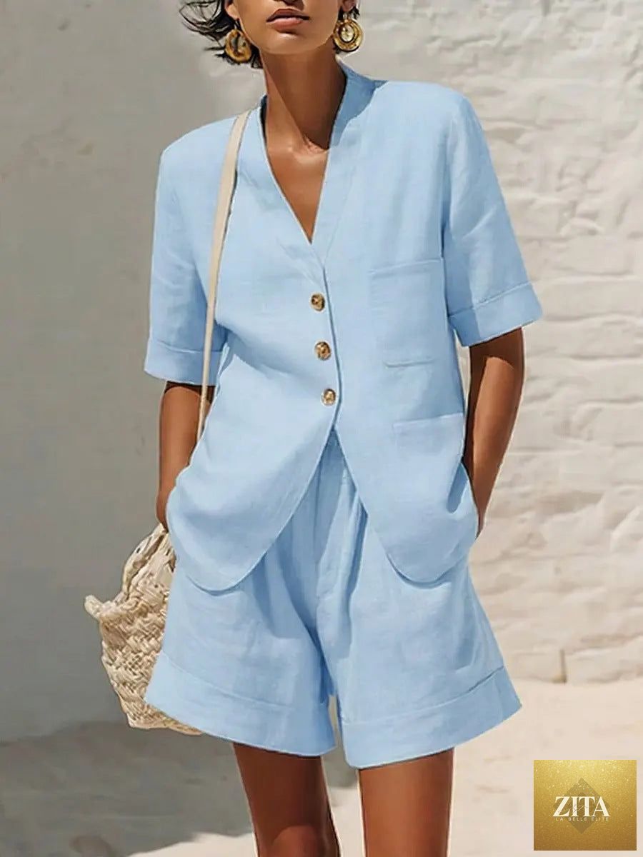 Women's cotton-linen loose-fit T-shirt and cropped shorts two-piece set by Zita La Belle Elite, casualwear, shown laid flat.