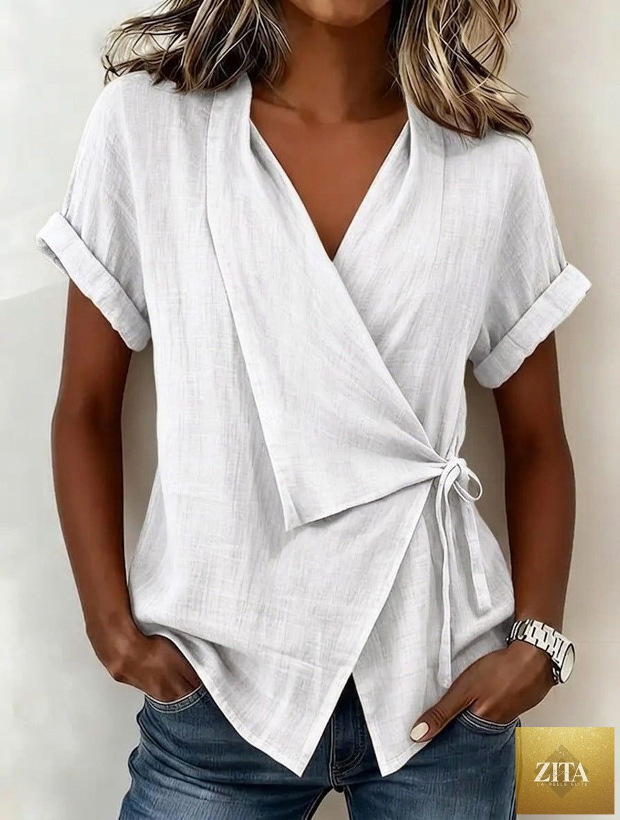 Women's linen casual top with lapel collar and lace-up front, short sleeves, by Zita La Belle Elite.