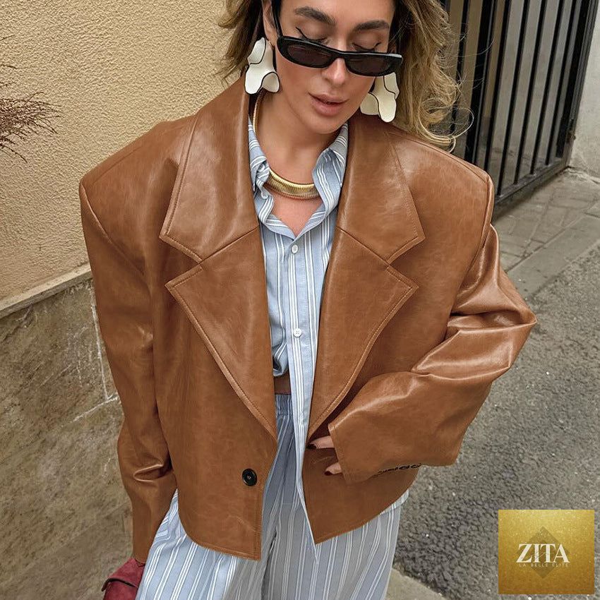 Women’s PU leather jacket with suit collar by Zita La Belle Elite, featuring a stylish fit and classic design.