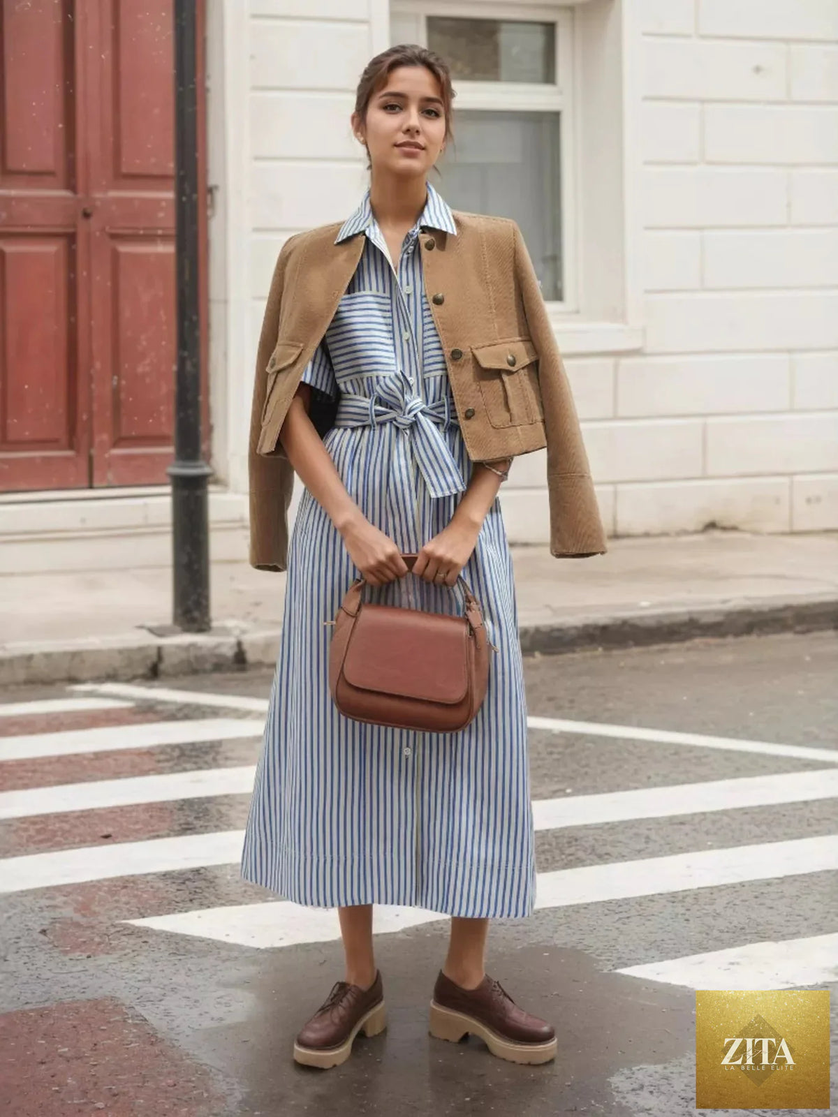 Striped button-front shirt dress from Shopiebay featuring a classic collar, long sleeves, and a casual, stylish fit.