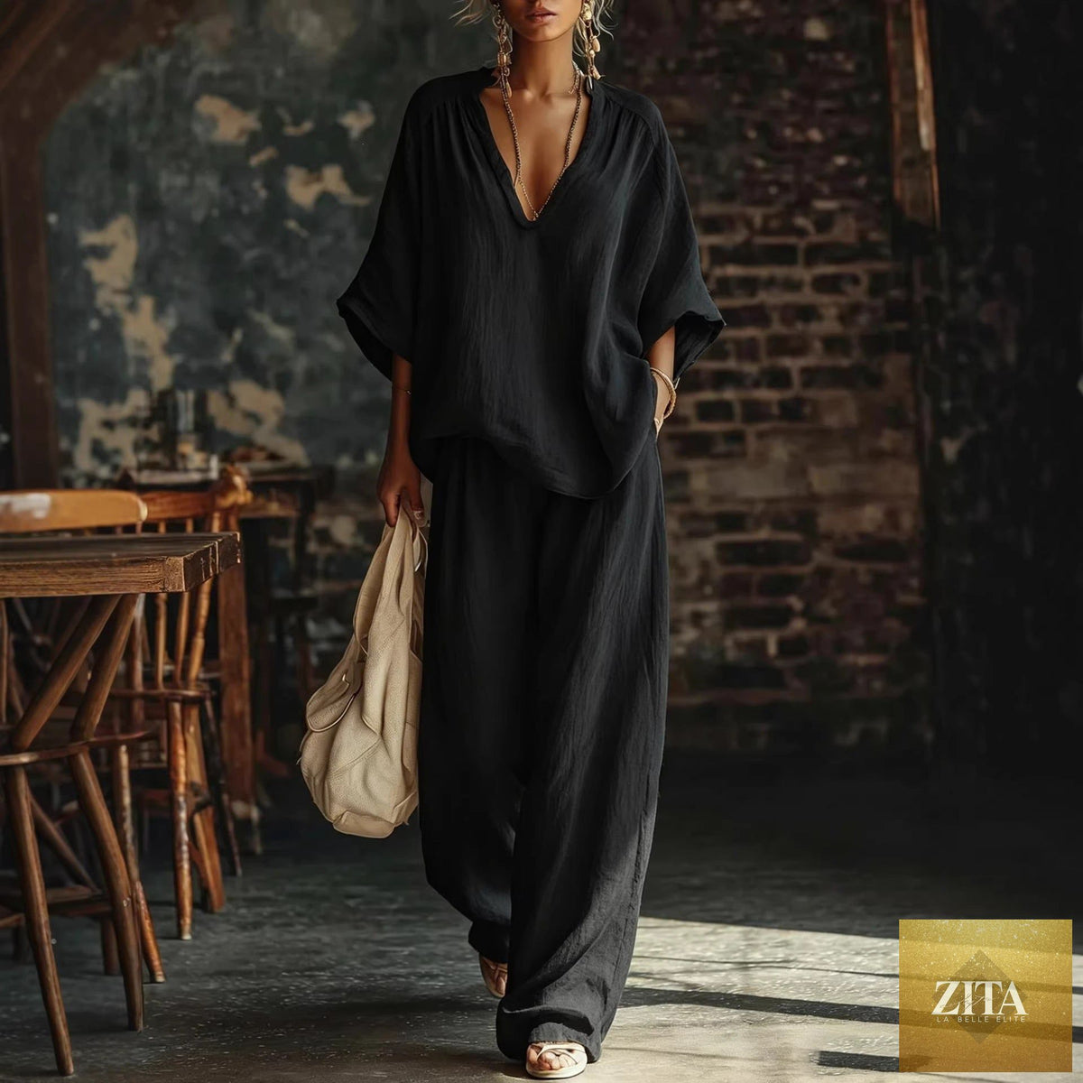 Zita La Belle Elite casualwear set with V-neck loose short-sleeve top and matching pants in five colors, available in sizes S to 4XL.
