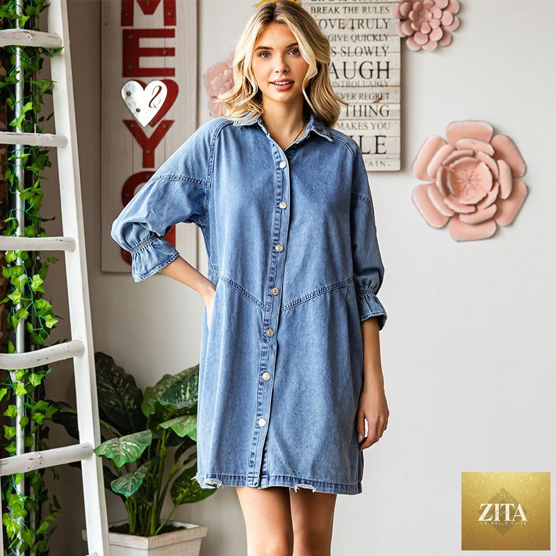 Women's three-quarter sleeve denim dress with ruffle details and mid-length design by Zita La Belle Elite.