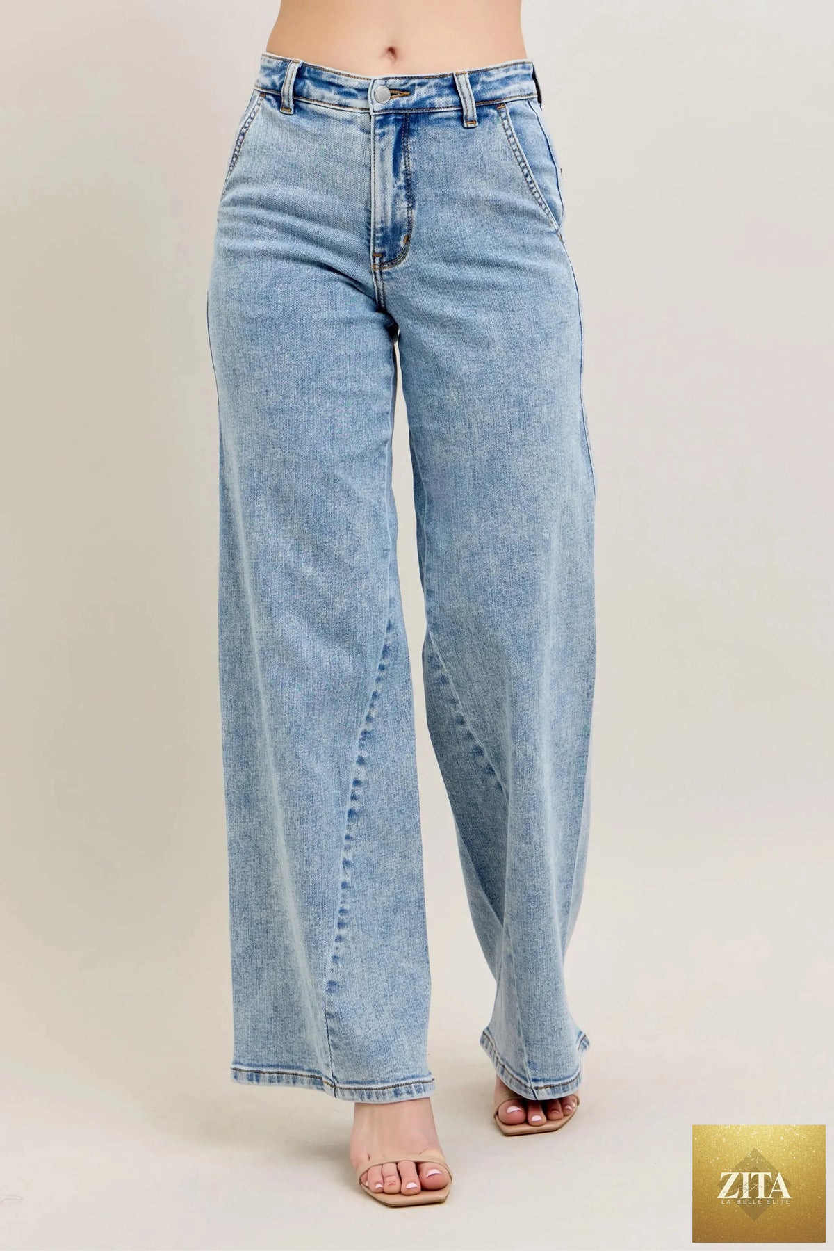 Wild and Free Boutique Judy Blue high waist wide leg jeans with skewed inseam, plus size, showing the full-length denim pants.