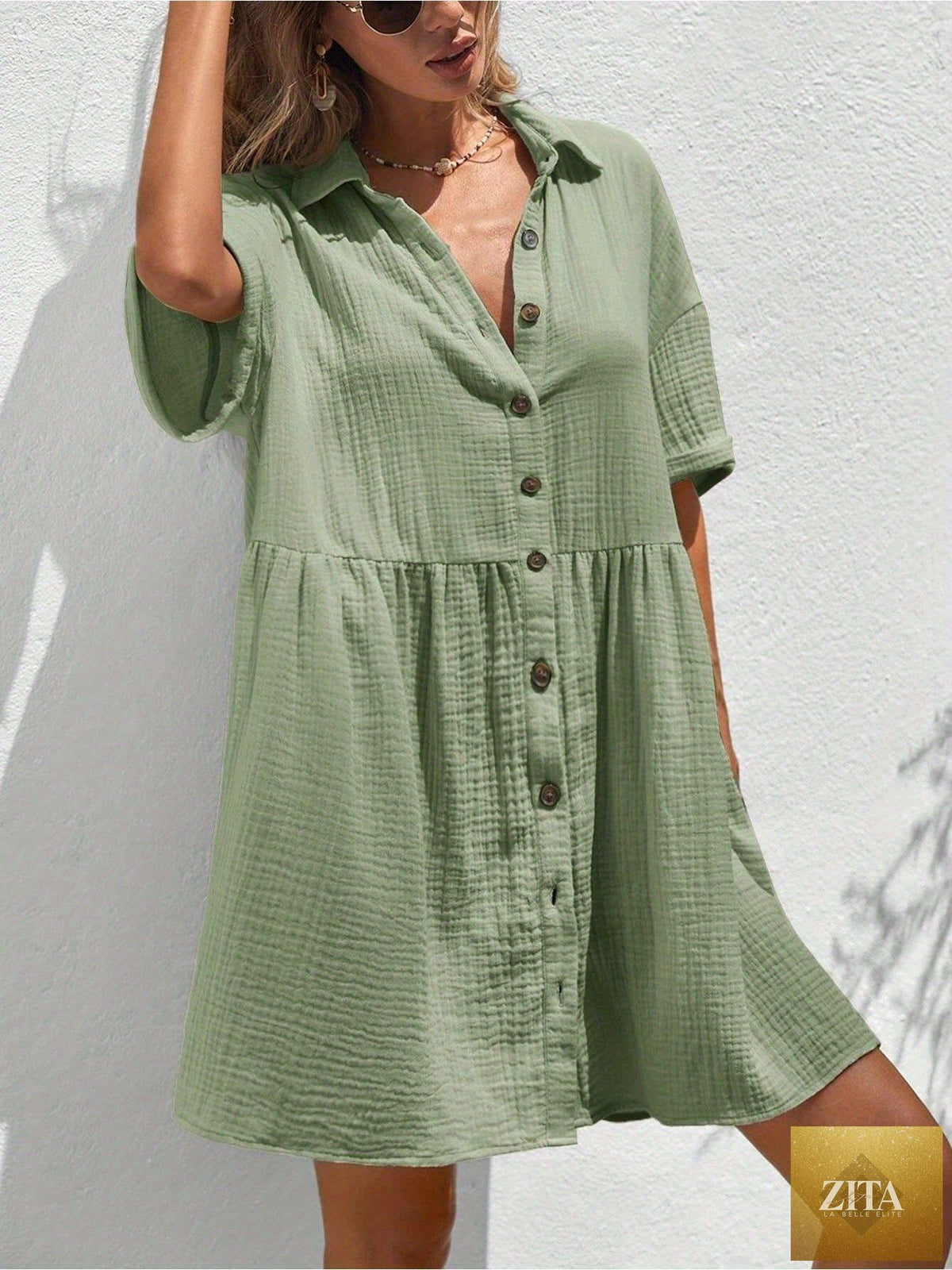 Women’s ruffle hem shirt dress by Zita La Belle Elite, loose fit summer casualwear perfect for holiday style.
