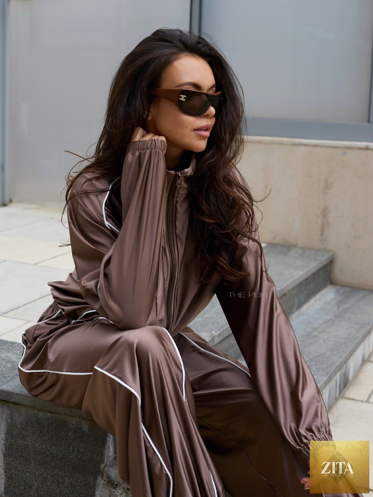 Women's Satin-Finish Zip Track Jacket & Wide-Leg Pants Set