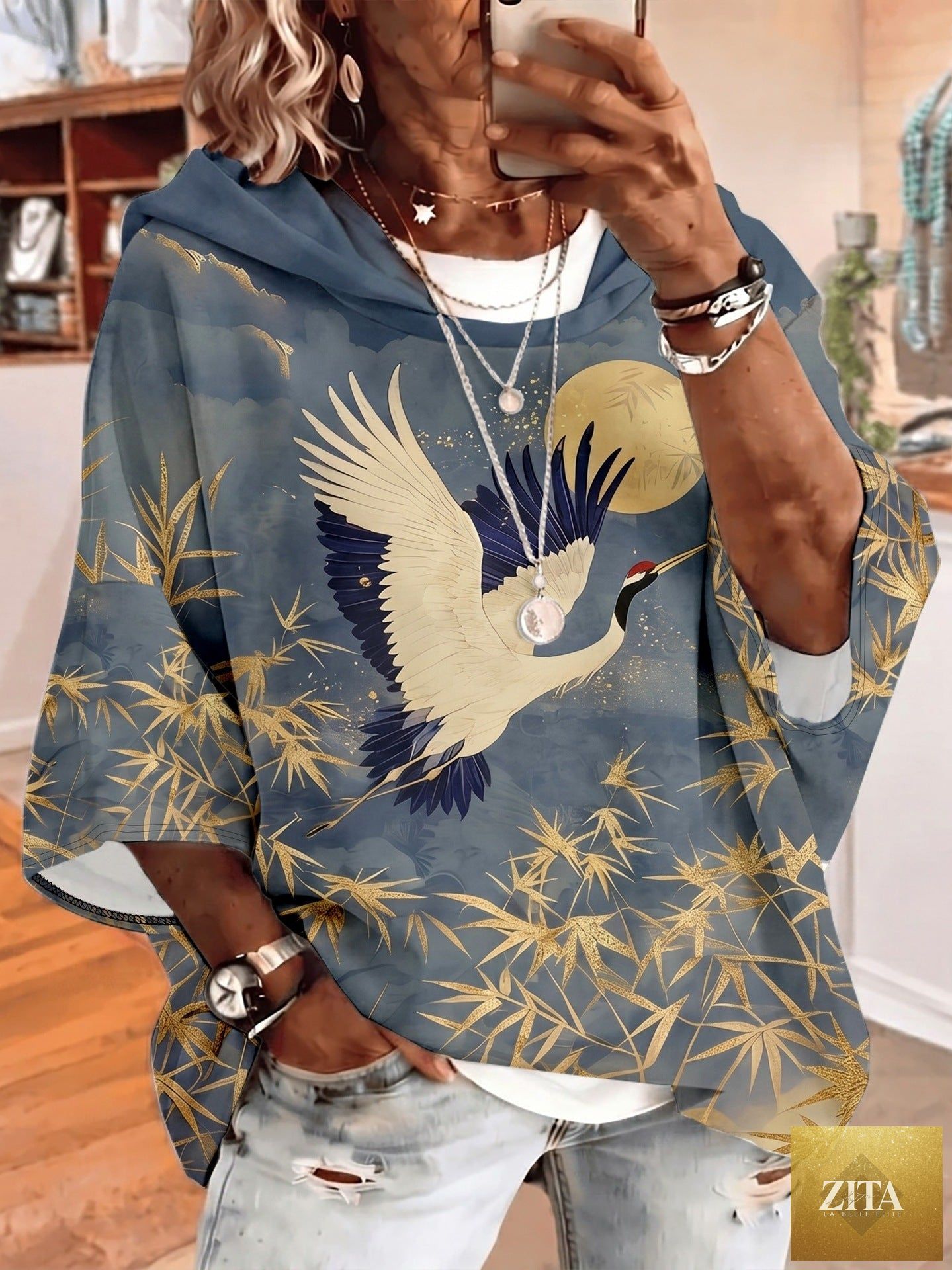 Women's Graphic Print Drawstring Hoodie – Three-Quarter Sleeves