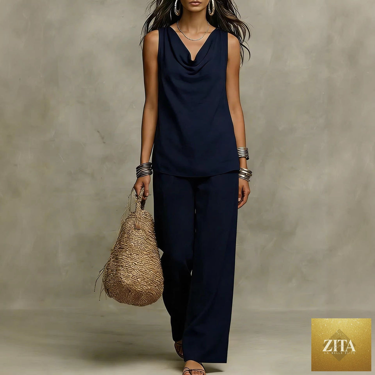 Zita La Belle Elite women's casualwear set with a sleeveless slash-neck tank top and matching casual pants, in a relaxed fit.