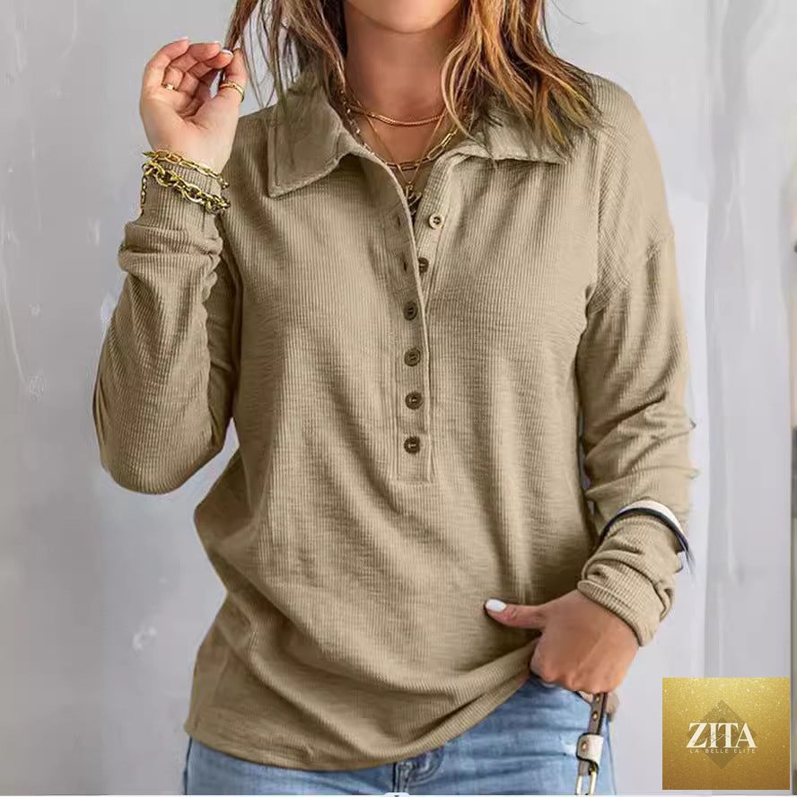 Women's loose fit long sleeve knit top with button details by Zita La Belle Elite, casualwear in various sizes, shown in image.