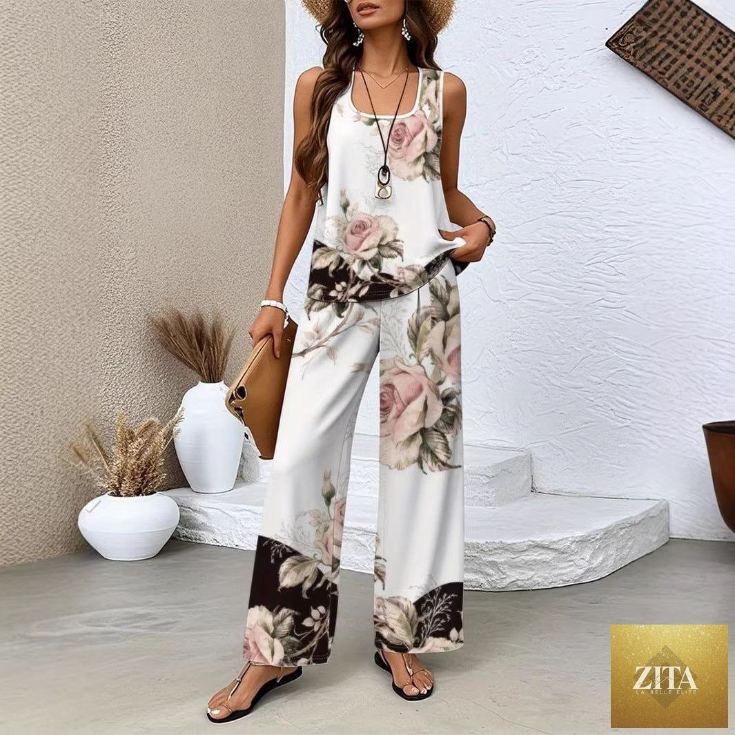 Milk Silk 3D print sleeveless tank top and trousers set by FitiqueFit, casualwear with a stylish, modern design.