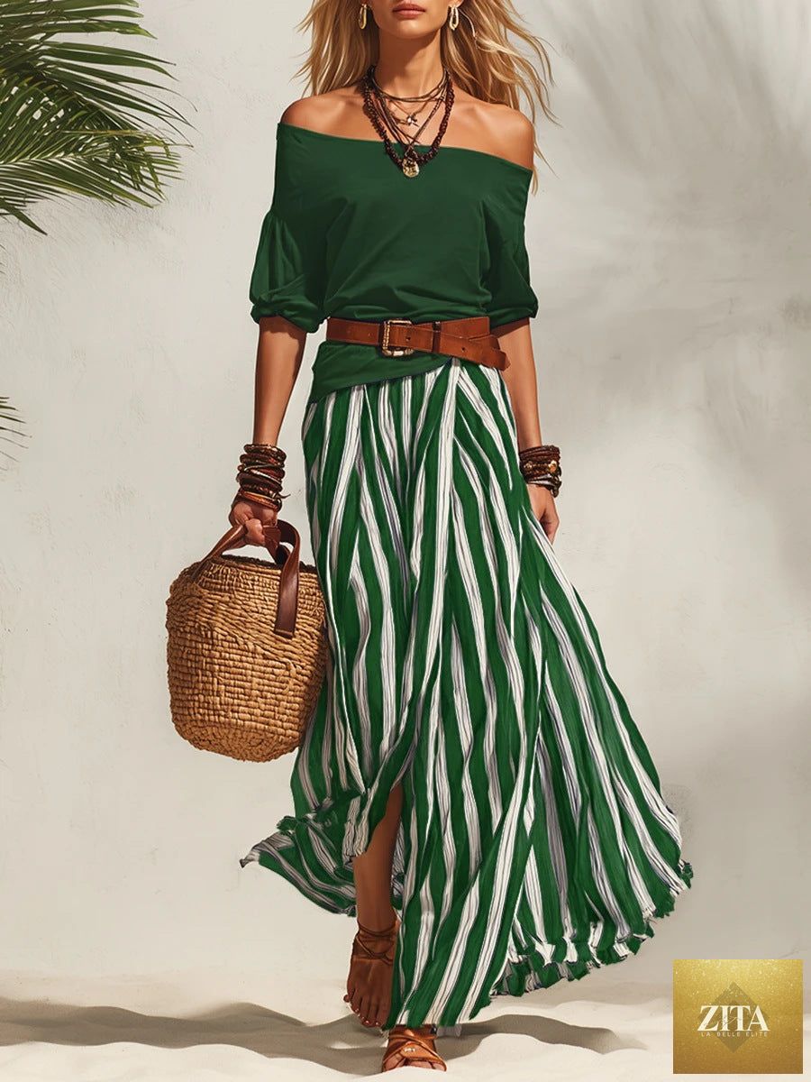 Zita La Belle Elite women's casual off-shoulder top and slit maxi skirt set, lightweight and stylish for warm weather.