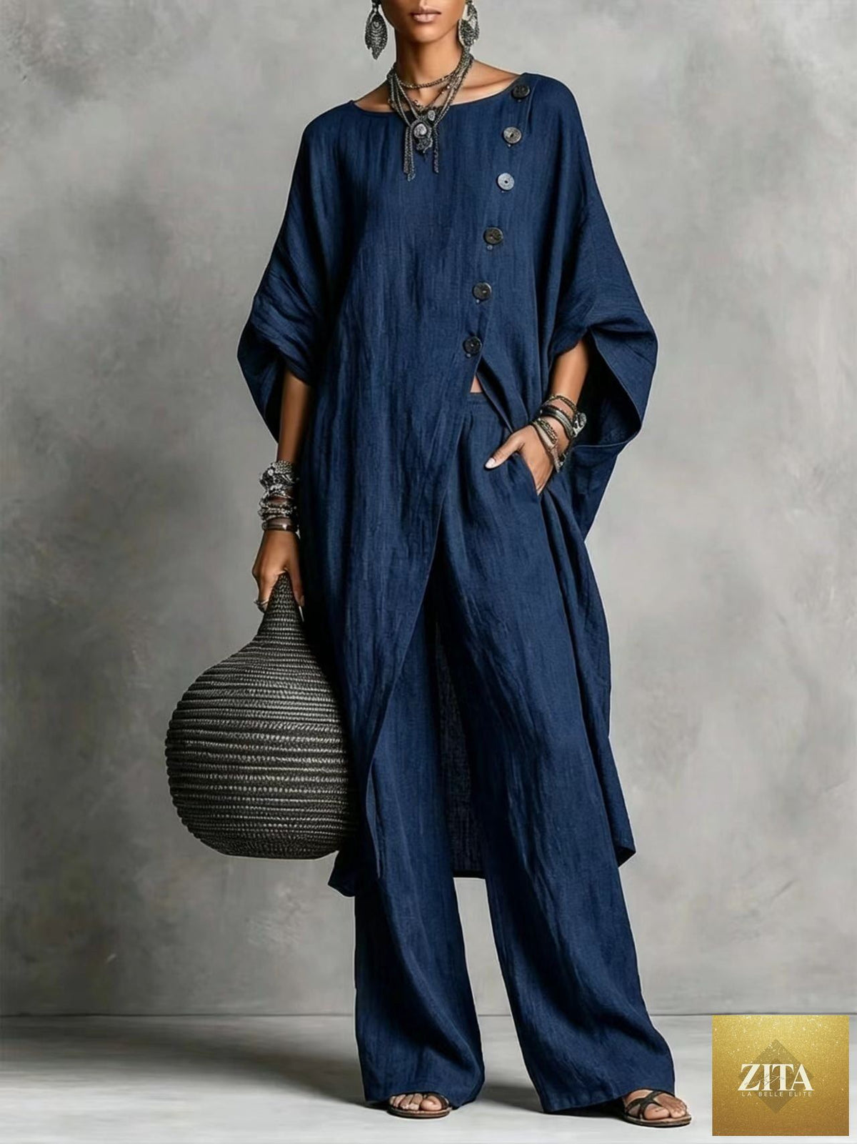 Women’s casual Zita La Belle Elite drop shoulder three-quarter sleeve irregular shirt and matching pants set, shown on a model.