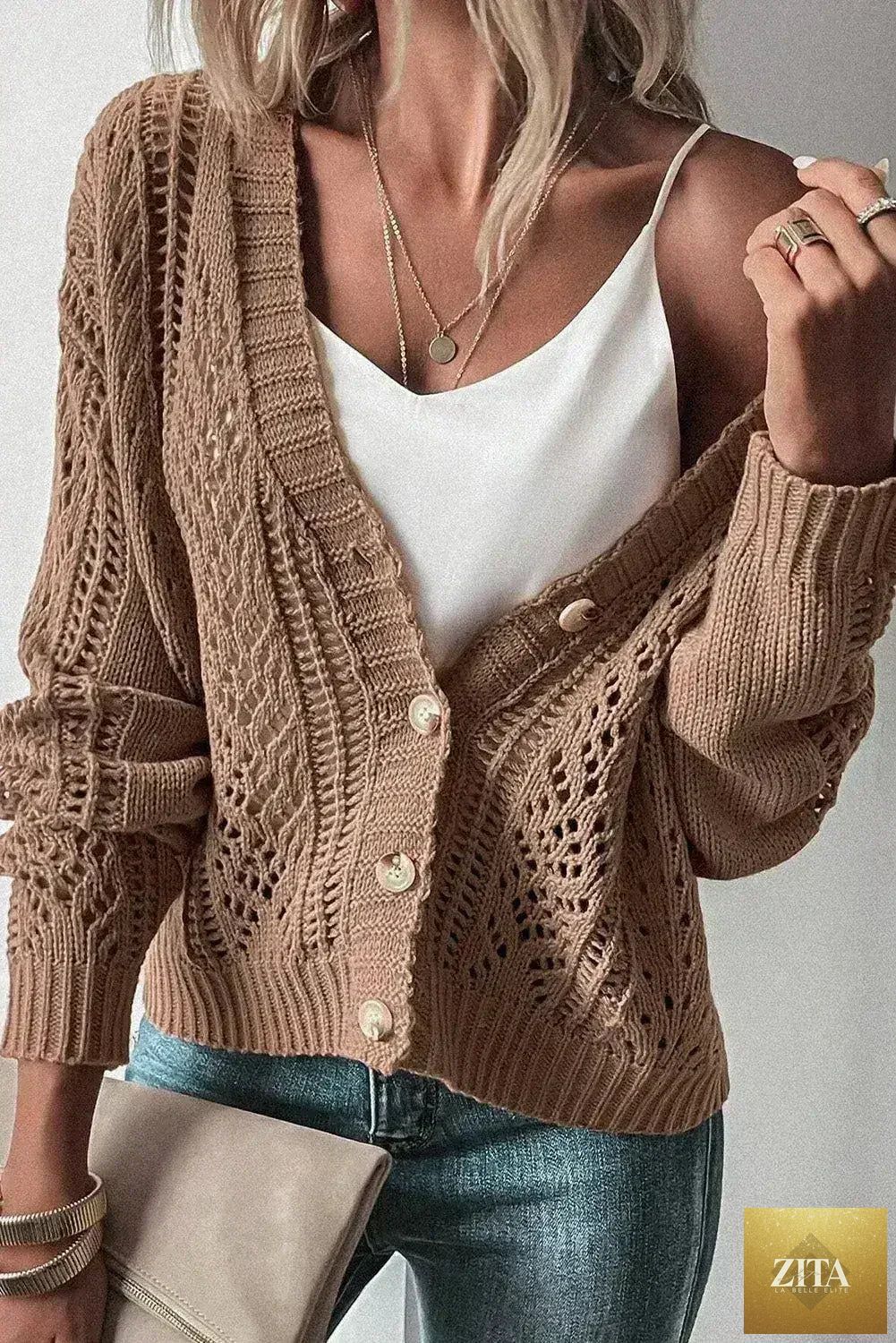 Dark khaki open-knit cardigan with drop shoulder design, cotton-acrylic blend sweater from Femstylo, featuring a relaxed fit.