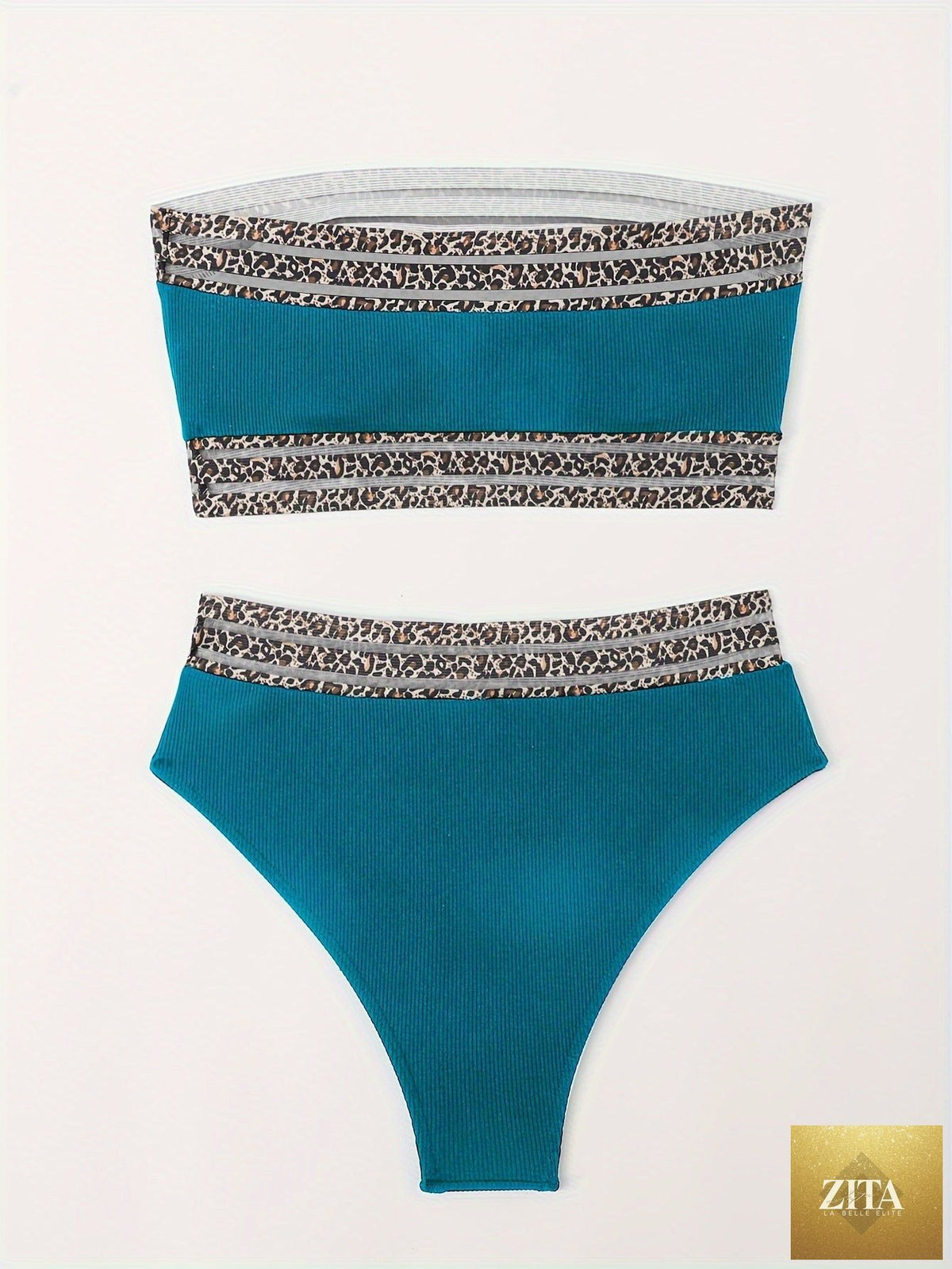 Stevvex leopard print bikini set featuring high waist, bandeau style, mesh details, perfect for beach, pool, and summer vacations.