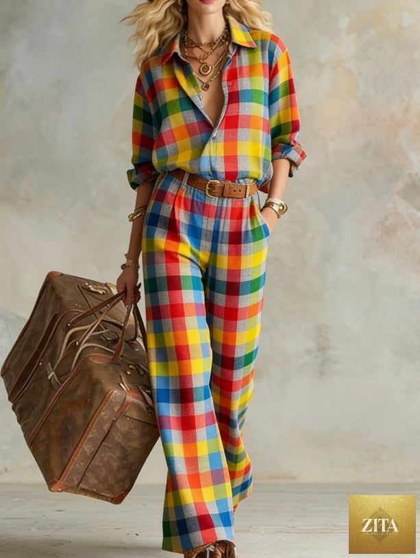 Women's vertical stripe collar long-sleeve shirt and wide-leg pants set by Zita La Belle Elite, casualwear with a relaxed fit.