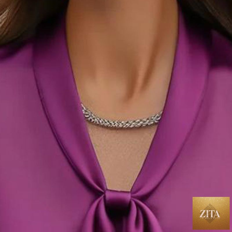 Elegant satin ribbon blouse by FitiqueFit, long sleeve casual work shirt with button-down front and stylish satin detail.