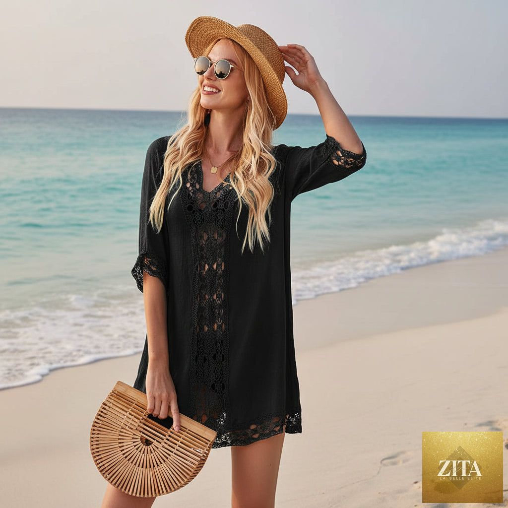 Zita La Belle Elite resort beach tunic dress with patchwork cover-up, lightweight and stylish for beach or poolside wear.