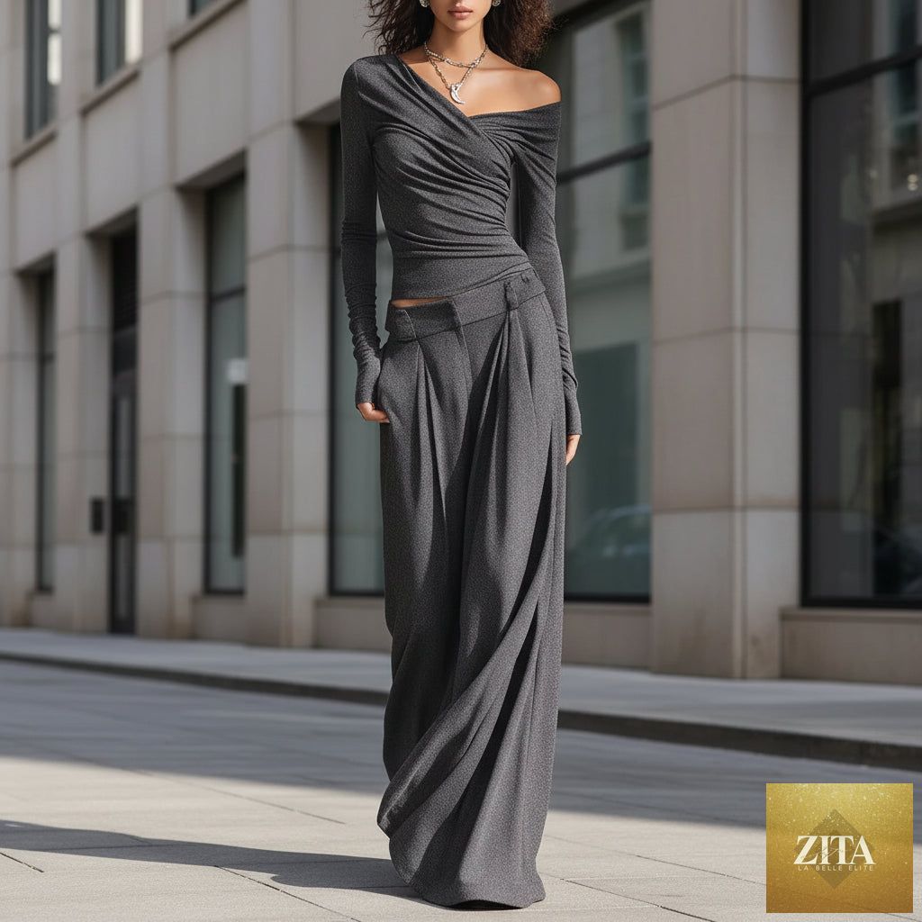 Zita La Belle Elite women's casual long-sleeve pullover top and loose pants set, comfortable 2-piece outfit for everyday wear.