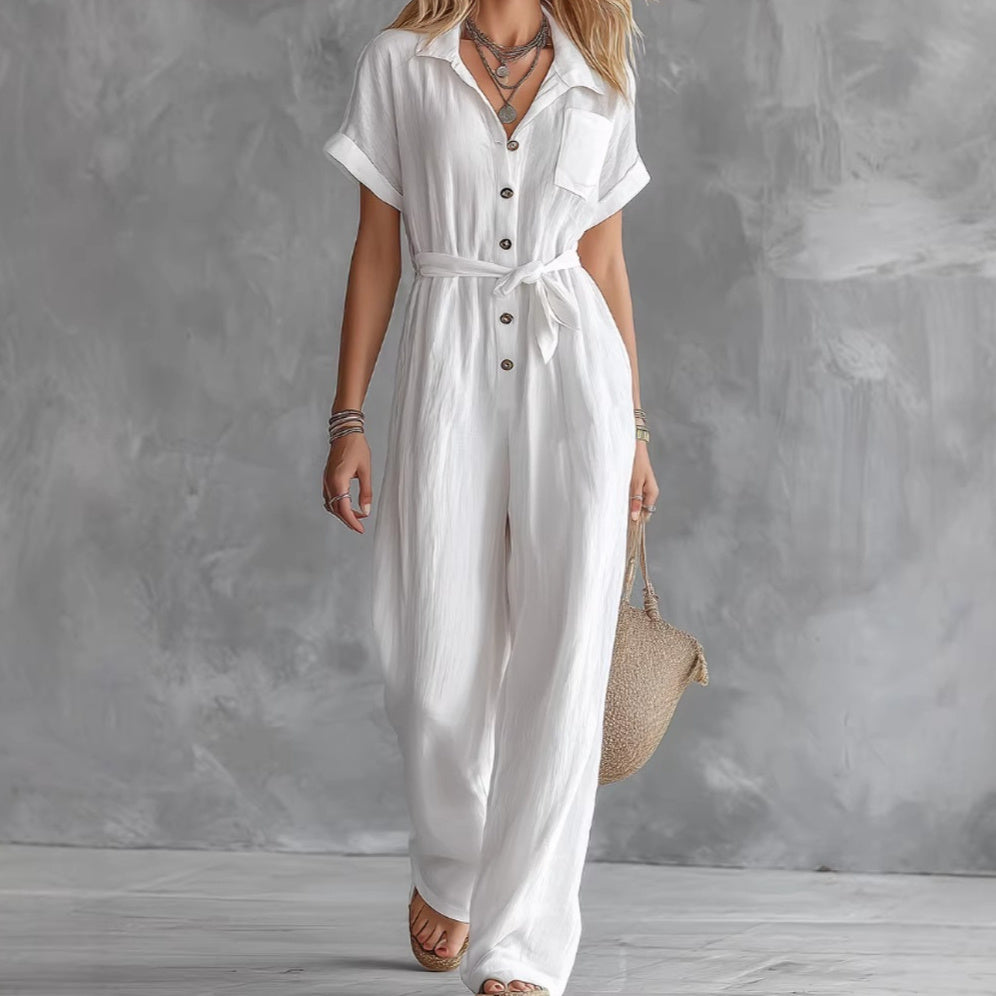 Women's Loose V-Neck Lace-Up Pocket Jumpsuit