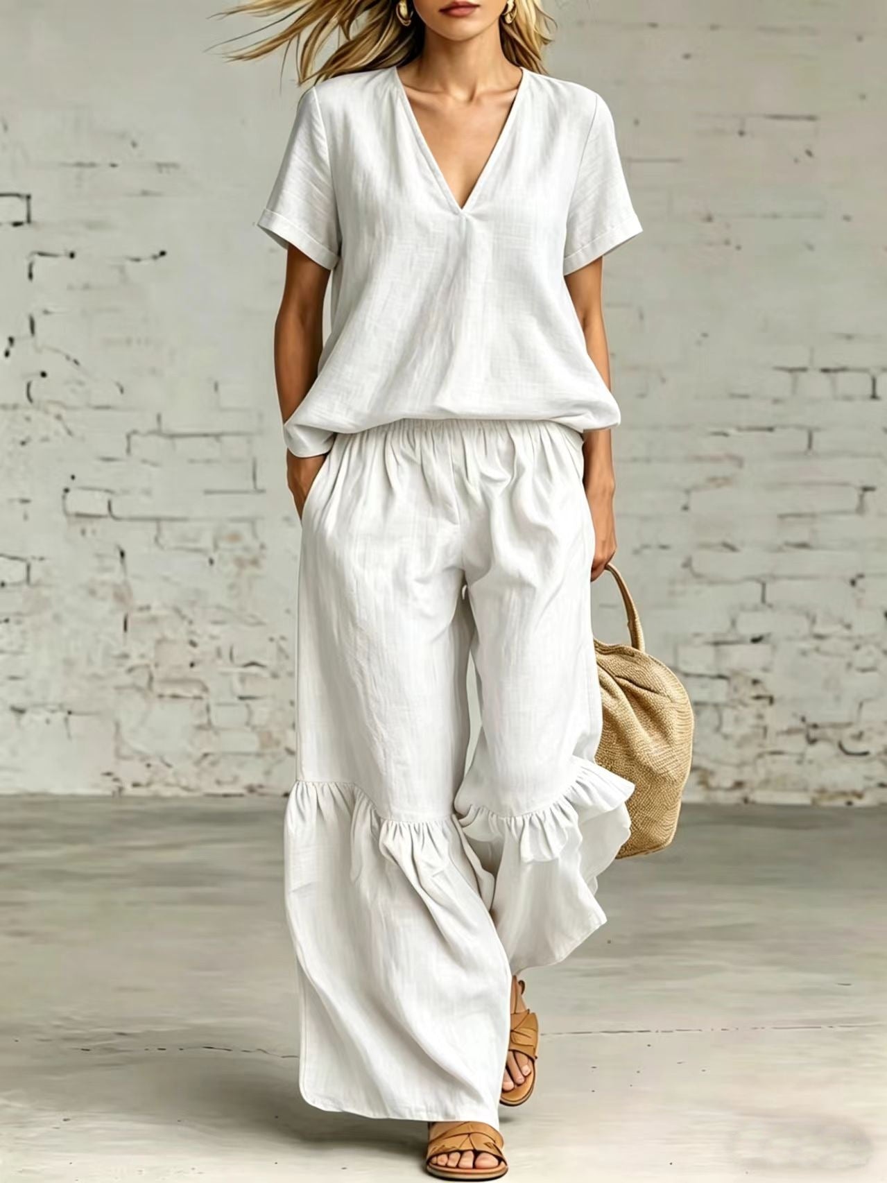 FitiqueFit casualwear V-neck loose short-sleeve top and pants set in various colors, featuring a relaxed fit and comfortable fabric.