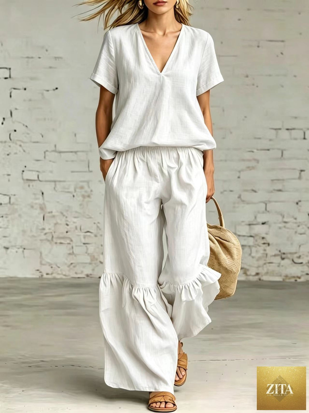 Zita La Belle Elite casualwear set with v-neck short-sleeve top and matching pants in various colors, size S to 5XL.