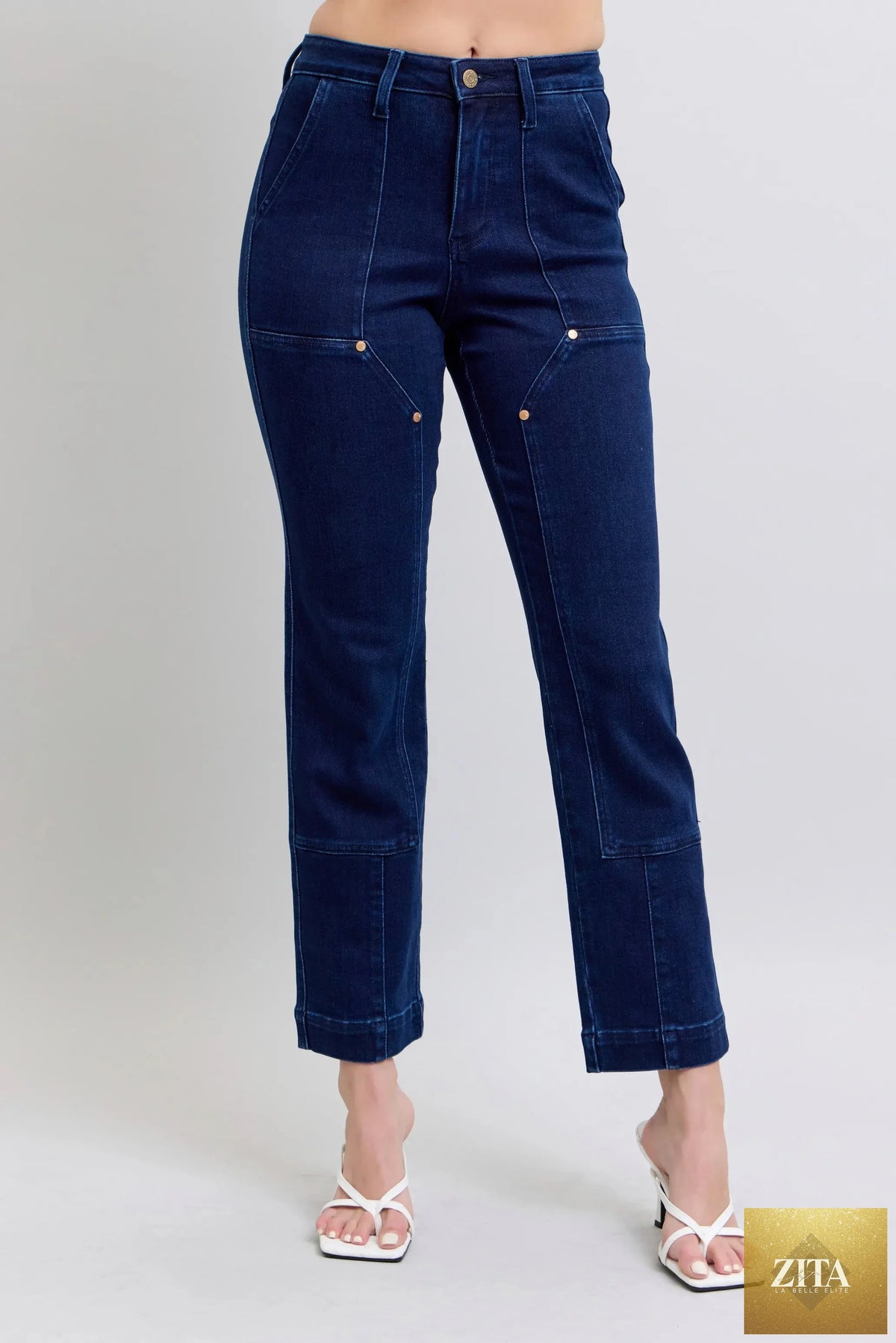 Wild and Free Boutique Judy Blue full-size workwear knee patch straight jeans, plus size denim bottoms with functional knee patches.