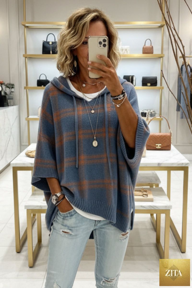 Plaid Knit Hooded Batwing Sweater