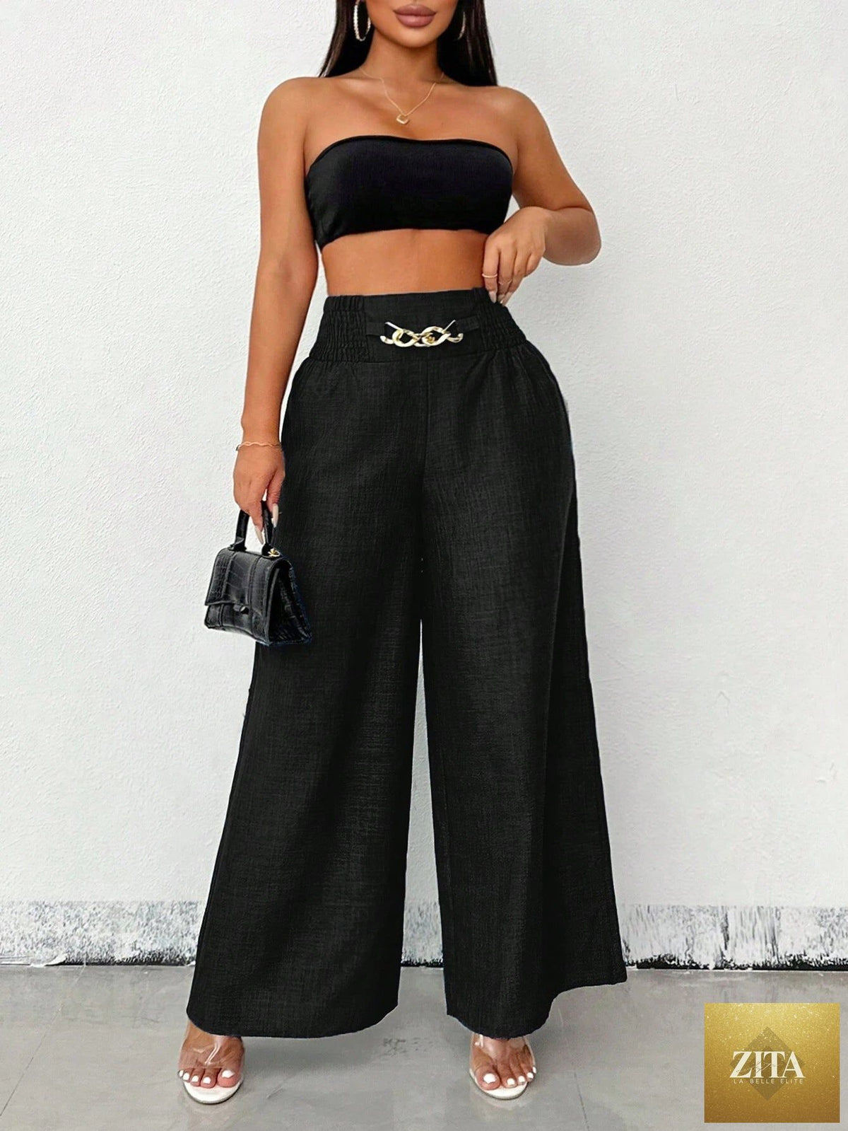 Women's high-waist drapey wide-leg casual pants by Zita La Belle Elite with elastic drawstring in five colors, shown in natural fabric detail.