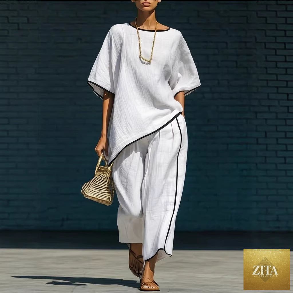 Zita La Belle Elite women's casual resort short-sleeve top and pants set, relaxed fit, lightweight fabric, in soft neutral tones.