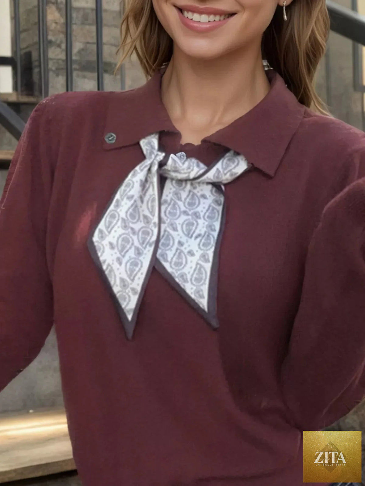 Scarf-Accented Long Sleeve Sweater