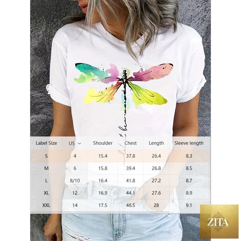 Zita La Belle Elite casual short sleeve T-shirt with a colorful dragonfly pattern and round neck design.