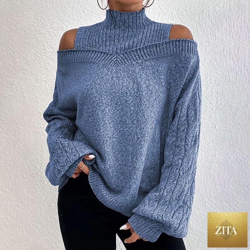 Women’s elegant off-shoulder turtleneck sweater by FitiqueFit, long sleeve knit casualwear for stylish comfort.