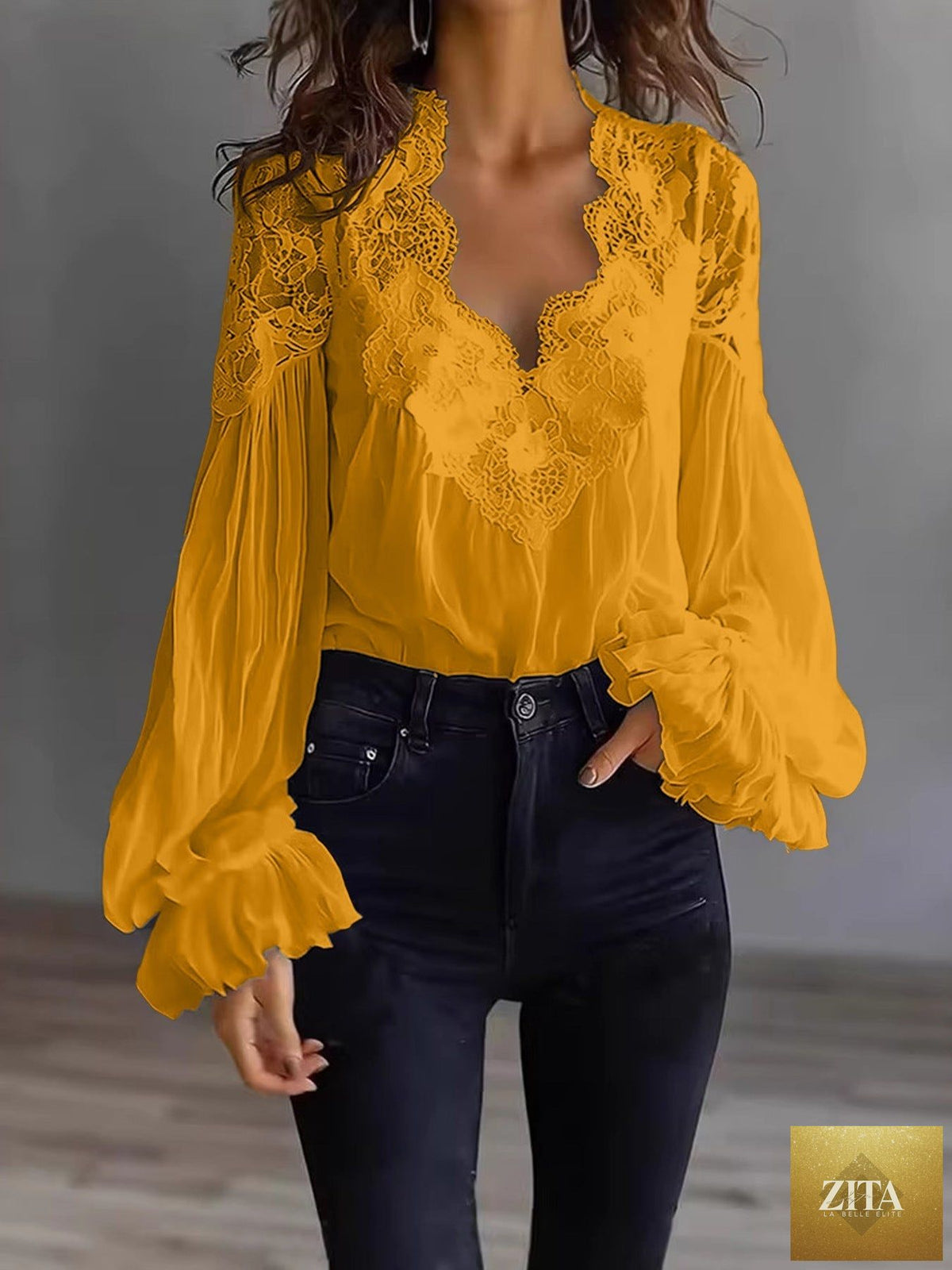 Lace-panel puff sleeve pleated ruffle ballet-style shirt by FitiqueFit, featuring lace details, puff sleeves, and a flowy pleated design.