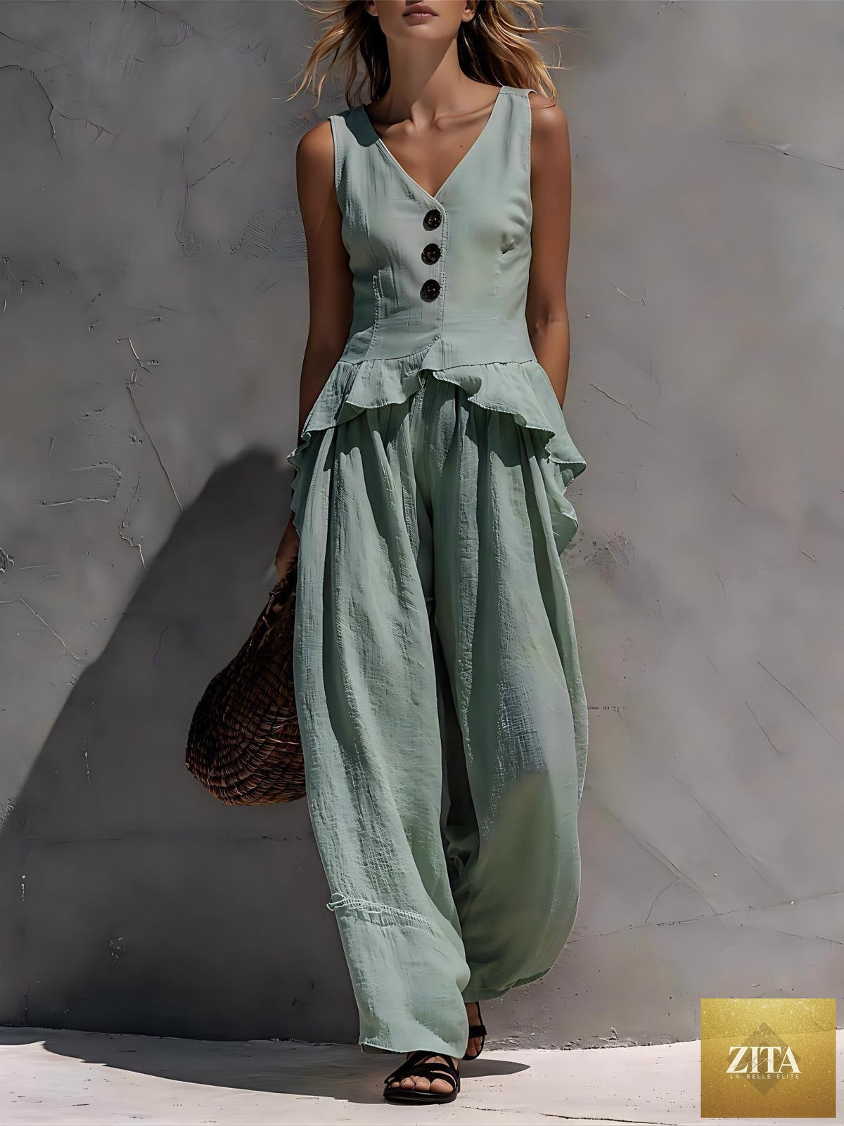 Zita La Belle Elite ruffled tank top and draping wide-leg pants casualwear set in multiple colors, displayed on a model.