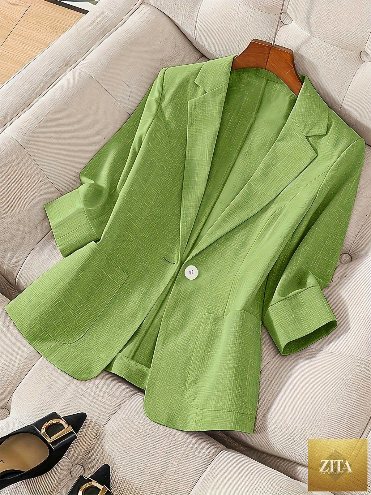 Women's casual blazer with three-quarter sleeves and single button from Zita La Belle Elite, displayed on a neutral background.