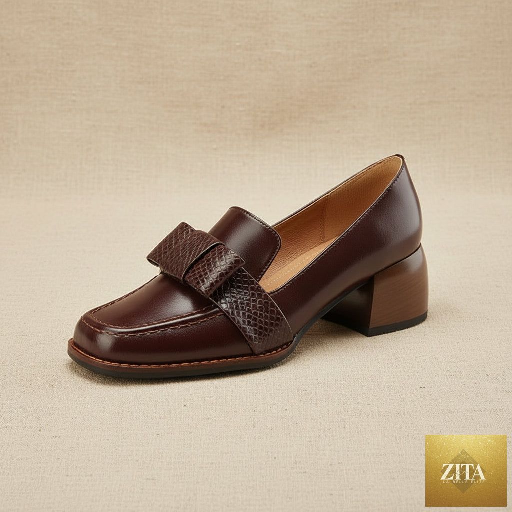 Women's cowhide square toe chunky heel pumps with floral detail, stylish commuter footwear by FitiqueFit.