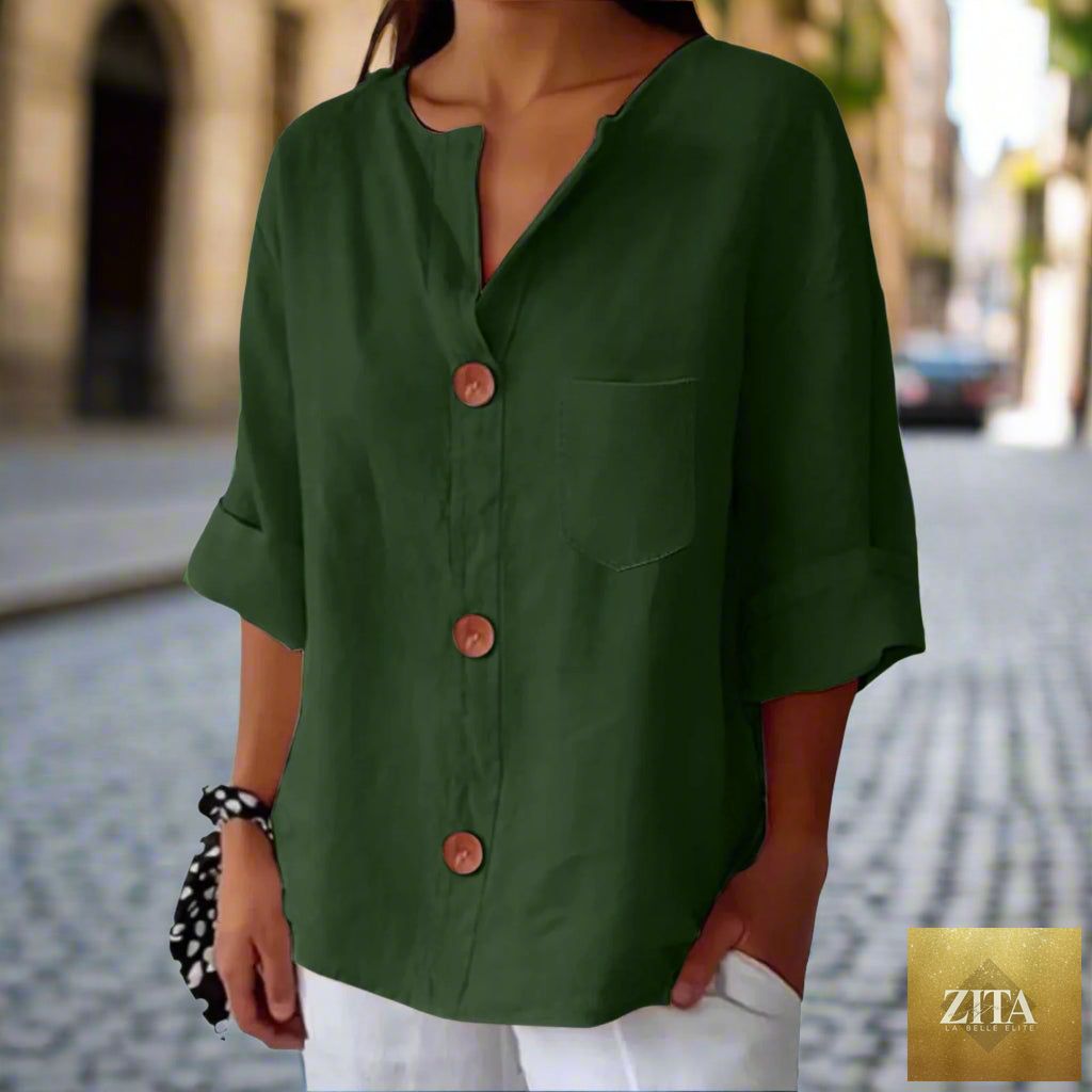 Women’s loose V-neck T-shirt by FitiqueFit, casual cotton linen button top, showcasing relaxed fit and breathable fabric.