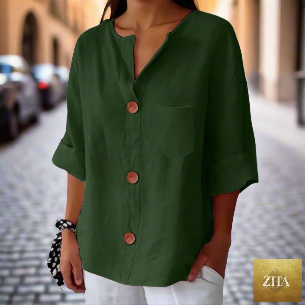 Women’s loose V-neck T-shirt by FitiqueFit, casual cotton linen button top, styled for relaxed, comfortable wear.